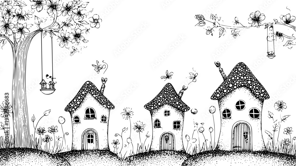 Naklejka premium Fairy home family with leaf hammocks and flower beds, vectorized collection