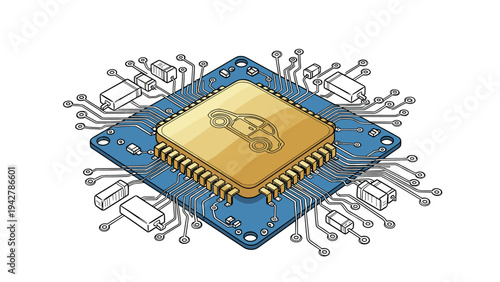 Futuristic automotive chip with micro circuits in isometric style