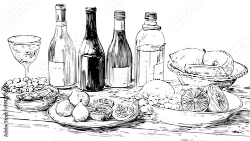 Estate dining family with wine bottles and fruit plates, illustration collection