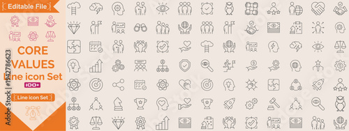 Core values Big line icons. core values, innovation, quality, responsibility, teamwork, reliability, focus, honesty icon. Vector