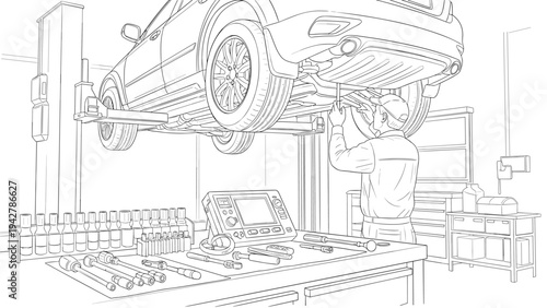Mechanic working on car in auto repair garage with linear tools and equipment