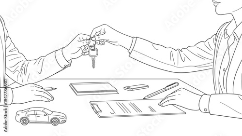 Car purchase agreement scene in linear style with key exchange and documents