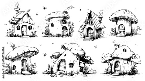 Fairy fungi dwelling collection featuring tiny chimney smoke, set of vectors