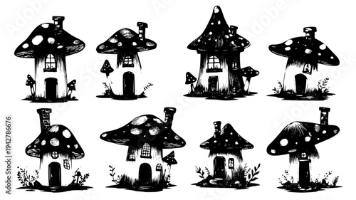 Fairy fungi dwelling collection featuring tiny chimney smoke, illustration collection