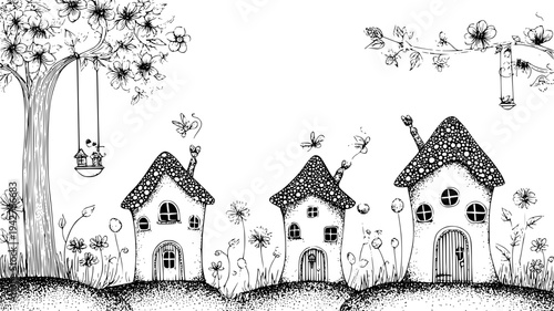 Fairy home family with leaf hammocks and flower beds, vectorized collection