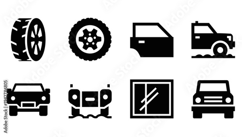 Silhouette icons of car parts and accessories for automotive design