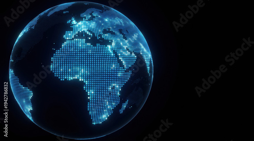 Global globe earth map africa europe digital technology concept with glowing blue dotted world on dark background, futuristic data network for global business, communication, analytics