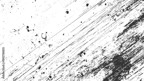 Black ink splatters and scratches on a white textured background with diagonal lines