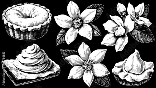 Fragrant tart family with botanical petals and warmers, set of vectors