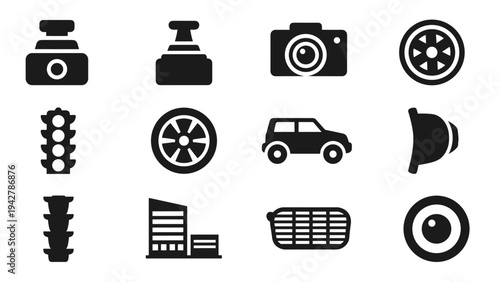 Set of car icons featuring camera, traffic light, and steering wheel in bold silhouette style