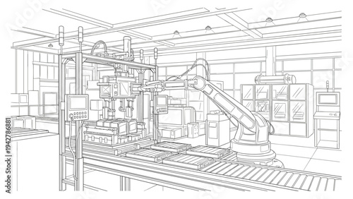 Modern factory automation with robotic arm and conveyor in industrial setting