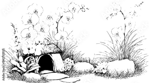 Garden fairy hut kit including orchid petals and grass mats, vectorized collection