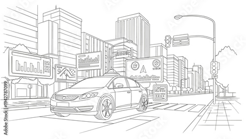 Modern city street with autonomous car in linear style