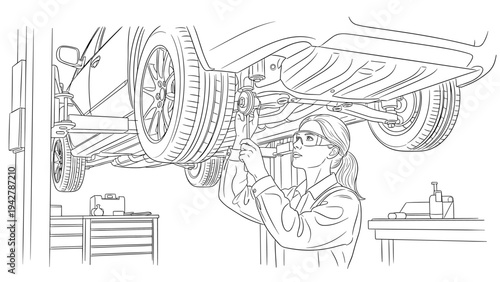 Mechanic under car line art: woman repairing vehicle in garage workshop scene