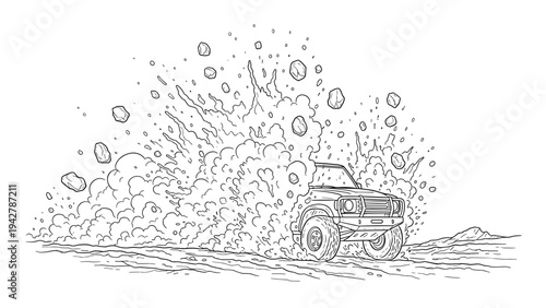 Vintage off-road adventure: classic vehicle making a splash in line art explosion