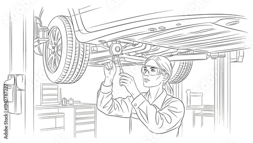 Mechanic inspecting car undercarriage in an auto garage workshop scene