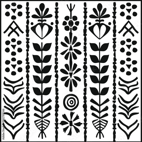 bold thick outlines geometric Scandinavian folk art border strips tiles seamless pattern in rows icon simple flat black line art on a white backg