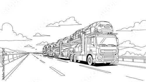 Linear drawing of trucks transporting cars on highway with scenic background