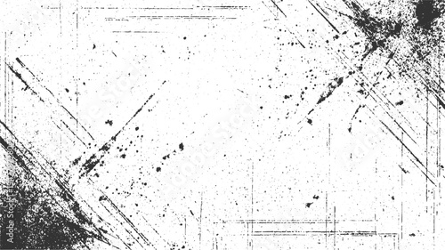 Black ink splatters and scratches on a white textured background with diagonal lines grunge abstract