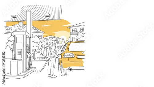 Urban line art: person fueling car at gas station at sunset
