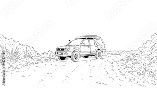 Off-road adventure: suv on rocky mountain path in black and white line art