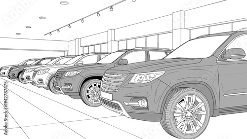 Linear design of a modern car showroom with multiple suvs in perspective view