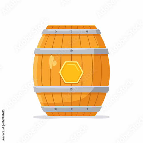Cartoon illustration of a wooden barrel with metal hoops and a gold label