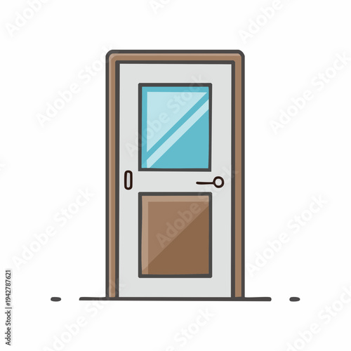 Cartoon door illustration with glass pane and handle for design