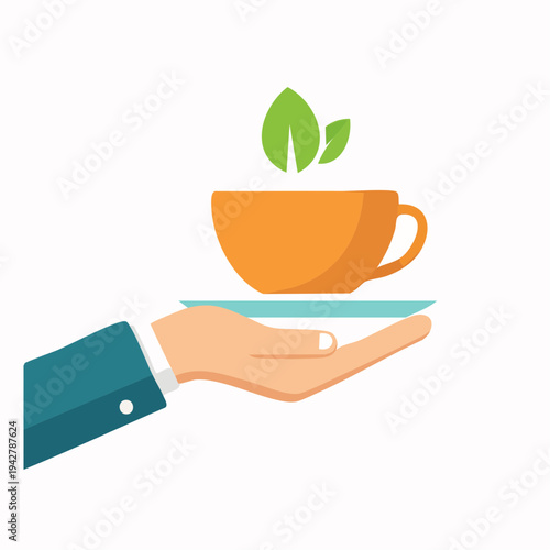 Hand holding cup of herbal tea with green leaves and a saucer, flat illustration.