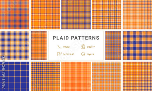 Capture a bold aesthetic with this seamless orange and blue tartan plaid pattern. Ideal for textile designs, apparel branding, or autumnal decor, this geometric print adds classic style.
