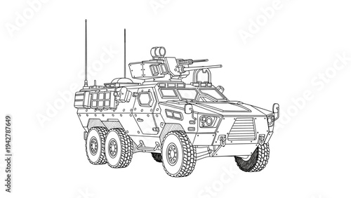 Armored military vehicle with heavy equipment line art