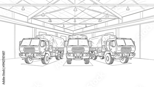 Cargo trucks in warehouse with line art style and industrial setting