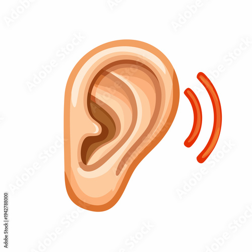Cartoon illustration of a human ear with sound waves, conceptual health element.