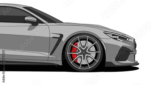 Sleek grey sports car with red brake calipers in modern flat design
