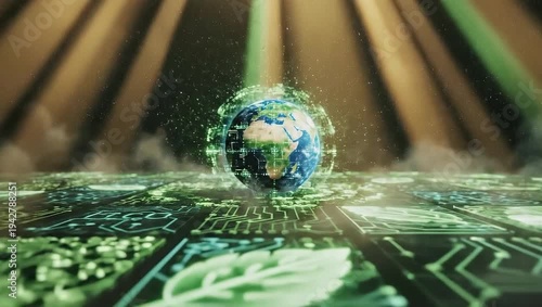 Wallpaper Mural Digital Earth with Green Circuit Board and Light Rays. Torontodigital.ca