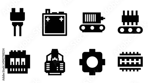 Set of black electronic component icons for technology design projects