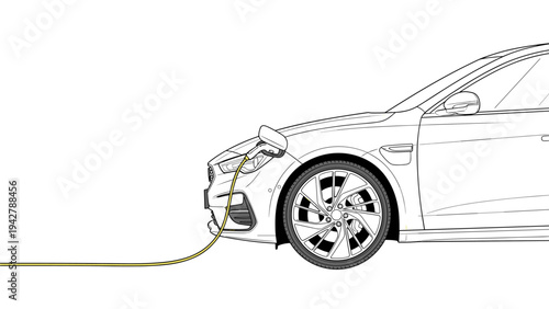 Electric car charging concept with detailed line art illustration of vehicle