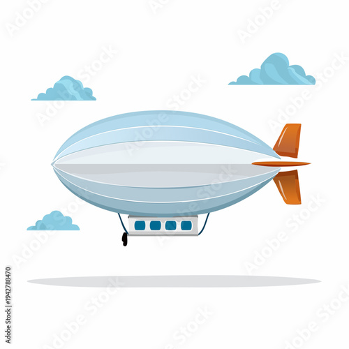 Cartoon illustration of a vintage airship floating among the clouds in sky