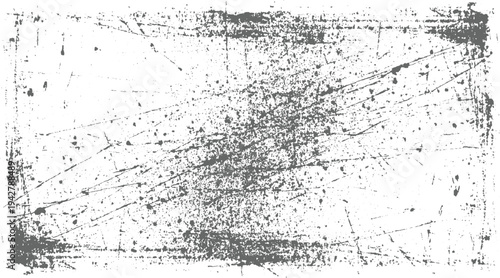 Grungy distressed texture with scattered dark grey splatters and scratches on white background grunge