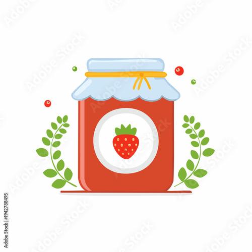 Illustration of a jar of strawberry jam with decorative leaves and fruit on a white background.