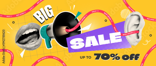 big sale halftone collage horizontal banner ,  conceptual design, web, advertisement cover template, shopping, business,  modern creative vector illustration