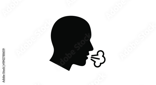 Silhouette of a head in profile exhaling a puff of air