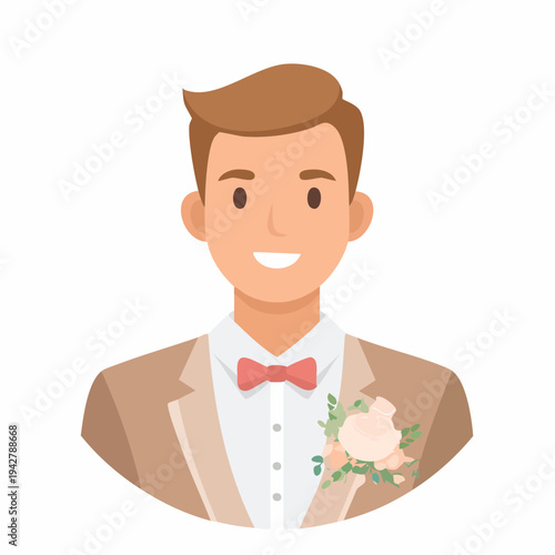 Smiling groom illustration in formal attire with floral boutonniere