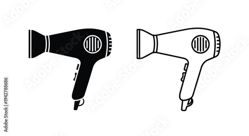 Two hair dryer icons one solid black and the other white outline
