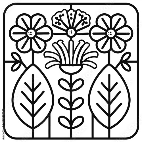 bold thick outlines geometric nordic folk art flowers quilts block pattern icon simple flat black line art on a white background clean and minimalistic wit
