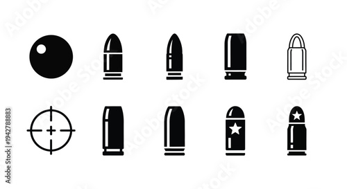 Various ammunition types and a target symbol illustrated in black and white