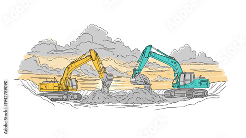 Construction site at sunset with excavators in action