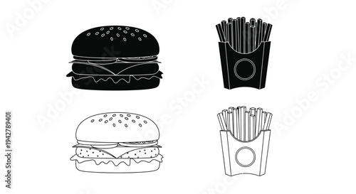 Black and white line art of burgers and french fries