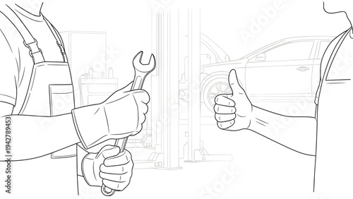 Car repair collaboration: mechanic with wrench and thumbs up gesture in garage outline drawing