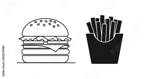 Simple black and white illustration of a cheeseburger and french fries combo